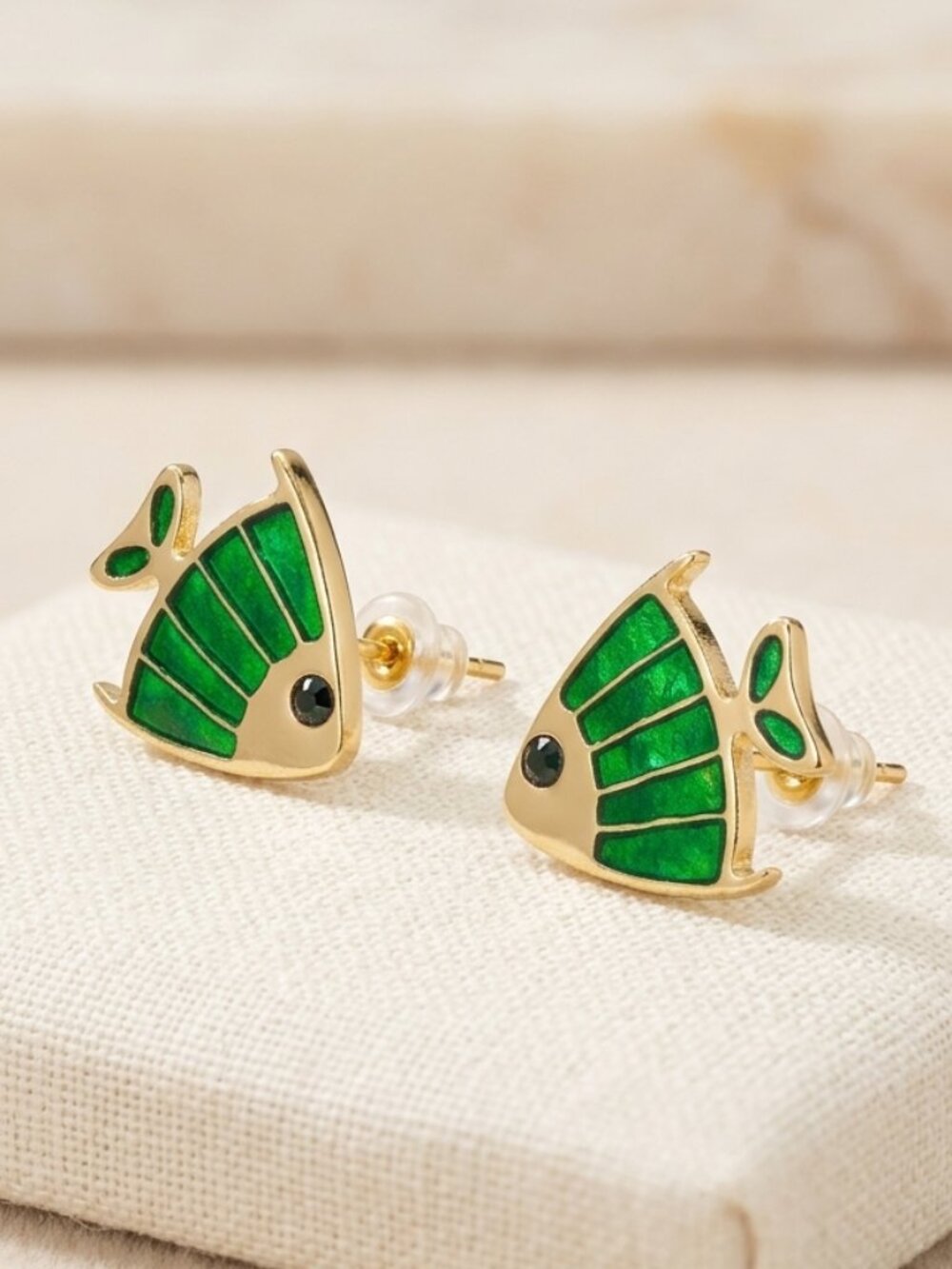 NWT GOLD PLATED 14K FISH EARRINGS GREEN ABALONE GEMSTONE DAINTY MINIMALIST SMALL